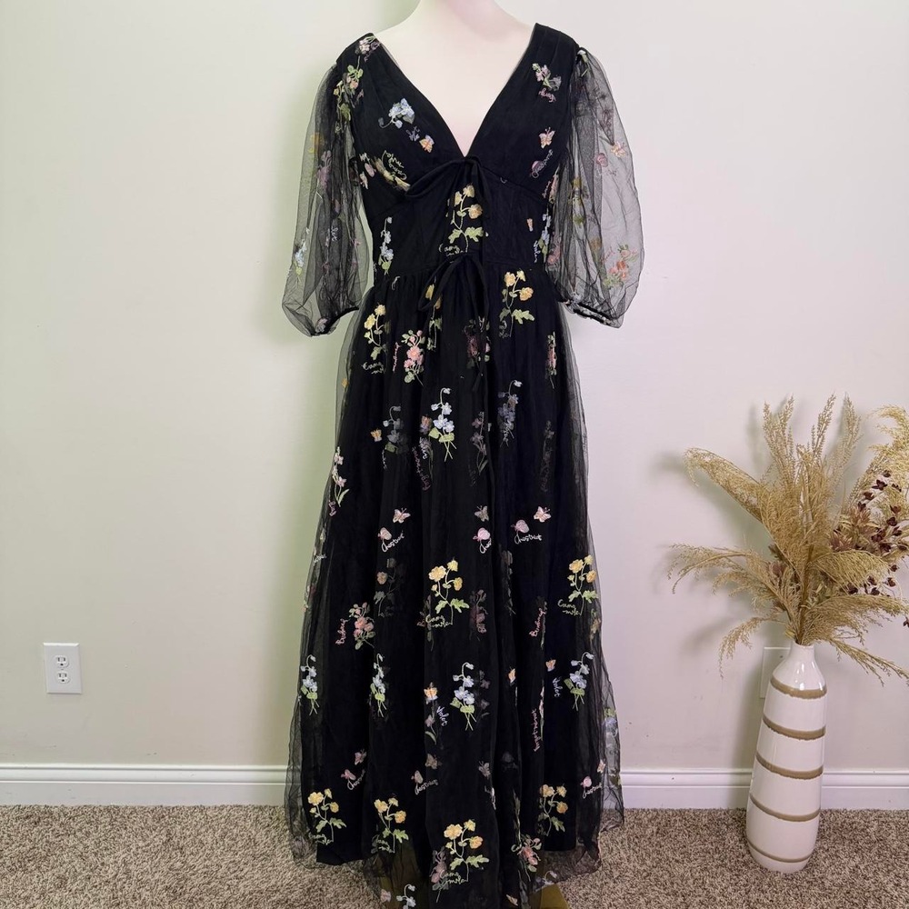 Black Floral Embroidered Tulle Maxi Dress w/ Lace-Up Back & Pockets